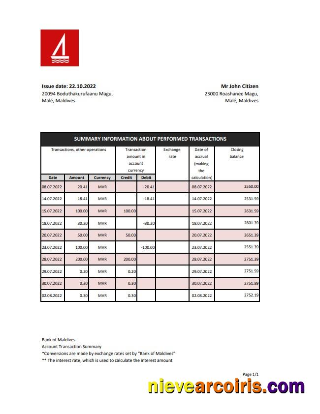 Maldives Bank of Maldives statement